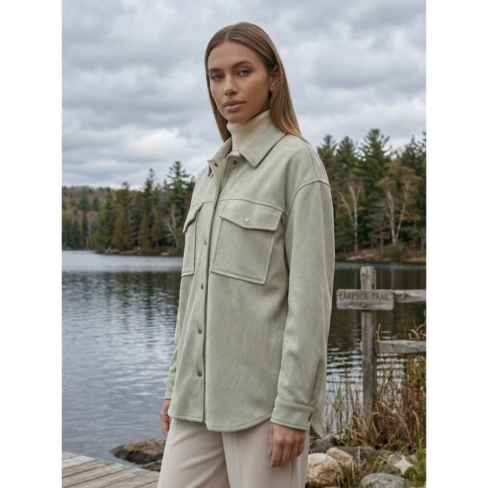 Levi's Women's 4X Soft Faux Suede Shirt Jacket Sage Green Front Snap Mid-Length
